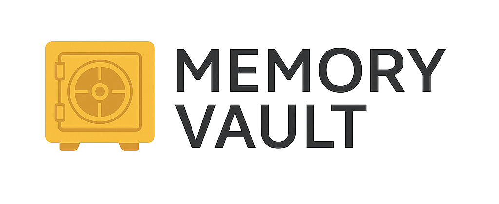 A yellow vault icon next to the black text "MEMORY VAULT," perfect for wedding services, on a transparent background.